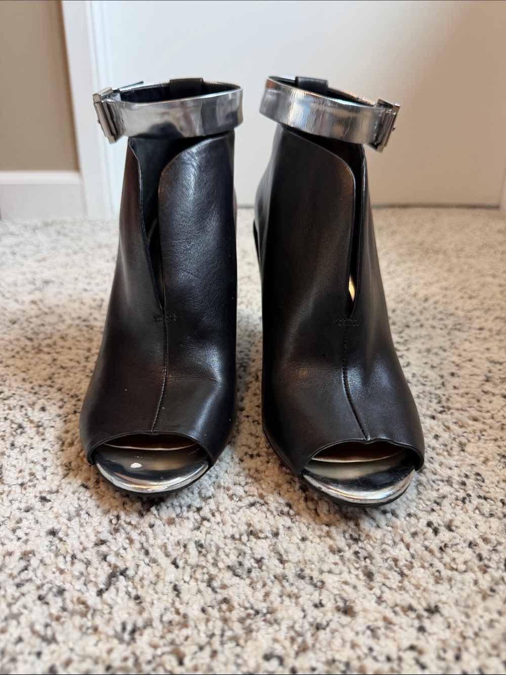 Kenneth Cole Black Leather Peep-Toe Ankle Heels with Silver Ankle Cuff - Women